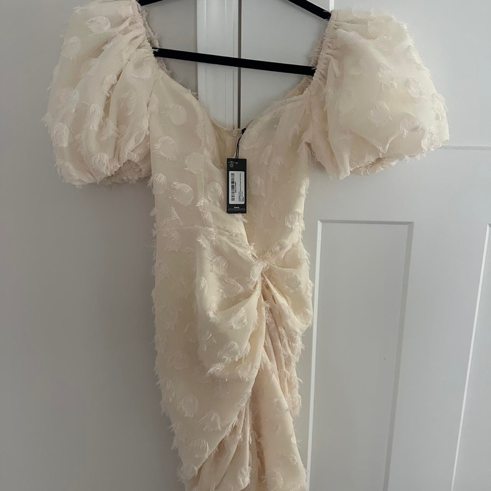 PrettyLittleThing Cream Asymmetrical Puff Sleeve Dress